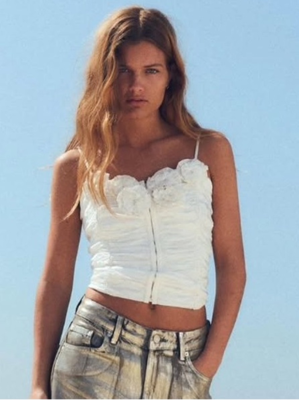 White Ruched Floral Bust Spaghetti Strap Top - Women Size S